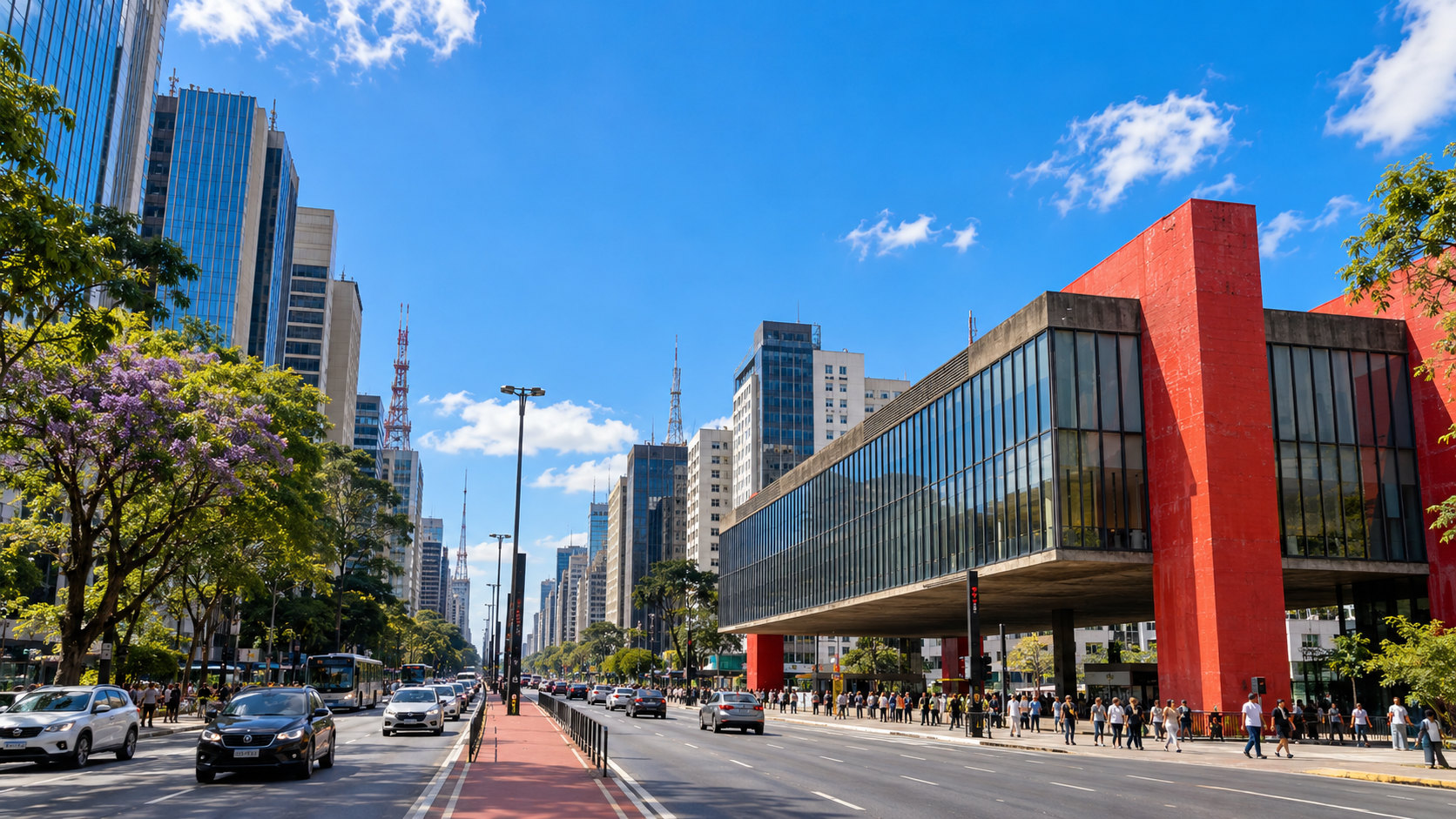 Avenida Paulista em São Paulo em uma manhã ensolarada com poucas nuvens