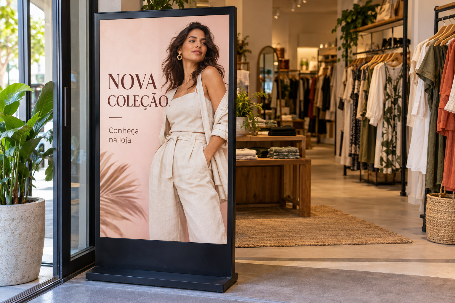 Display na entrada de uma loja, alternando campanhas de roupas.