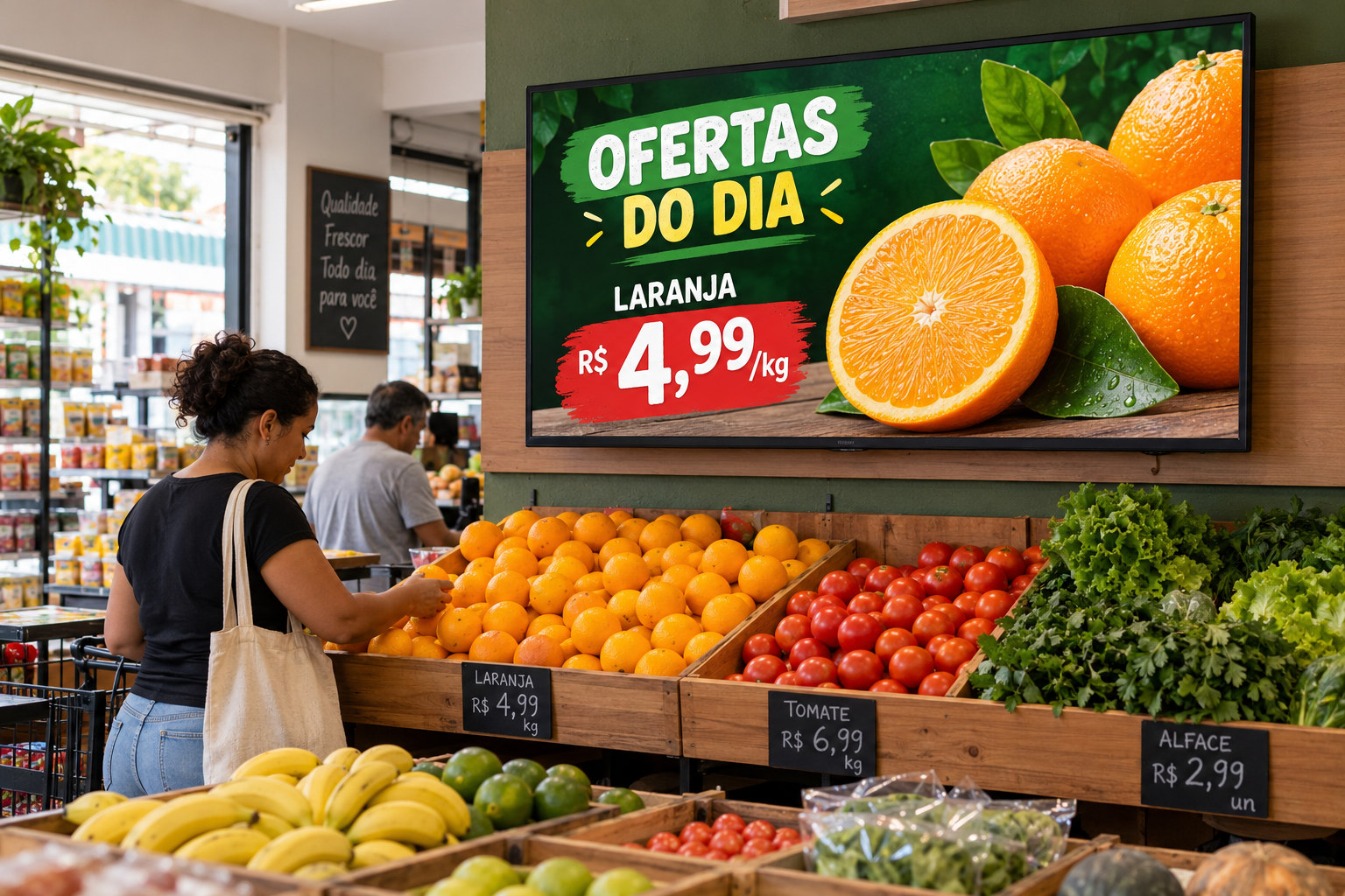 TV no hortifrúti de um mercado, alternando ofertas de laranjas e morangos.