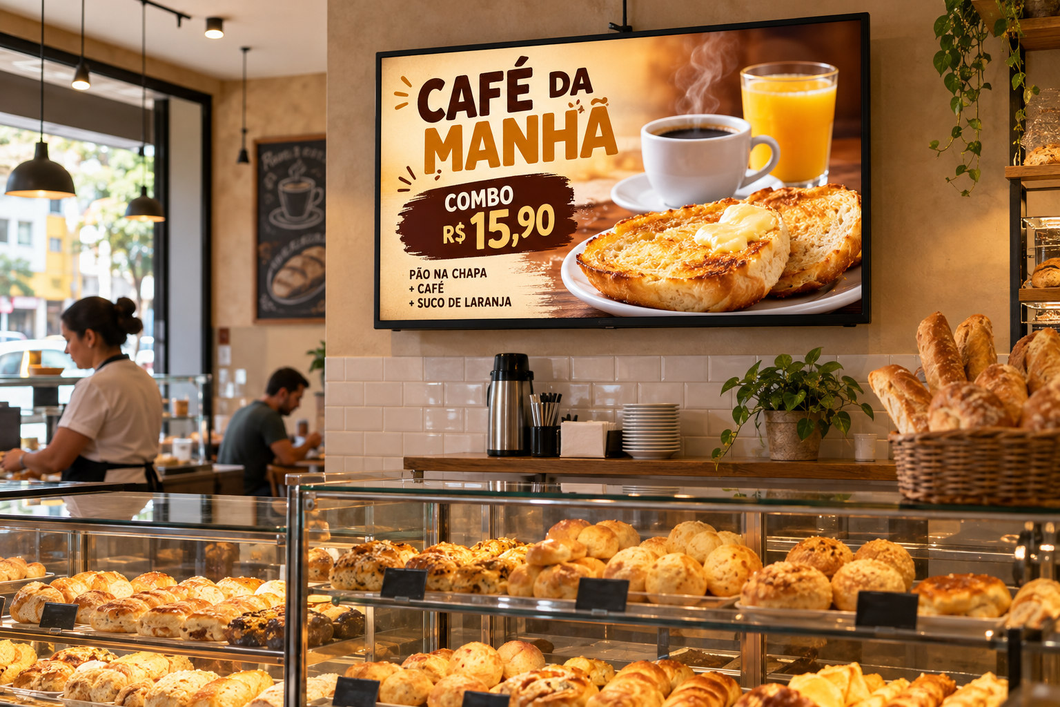TV sobre o balcão de uma padaria, alternando ofertas de café da manhã e sobremesas.